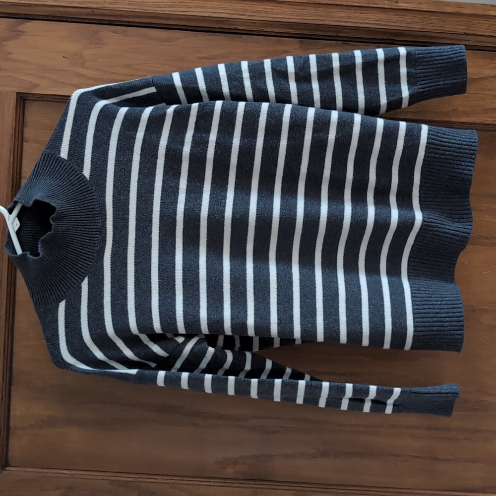 Banana Republic Women's Gray and White Striped Funnel Neck Sweater, XS